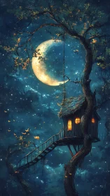 Moonlit treehouse with staircase amid dense night forest.