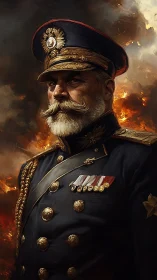 Firelit admiral stands unbowed amid roaring battlefield flames.
