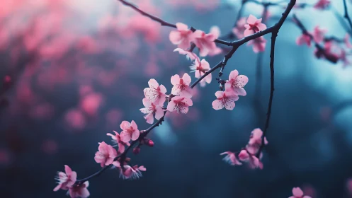 Delicate cherry blossoms blooming on dark branches