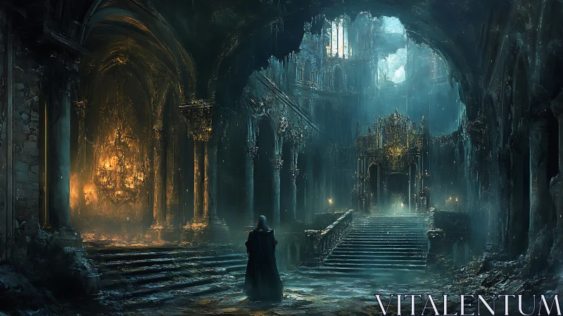 Lone wanderer entering a misty, ruined fantasy cathedral.