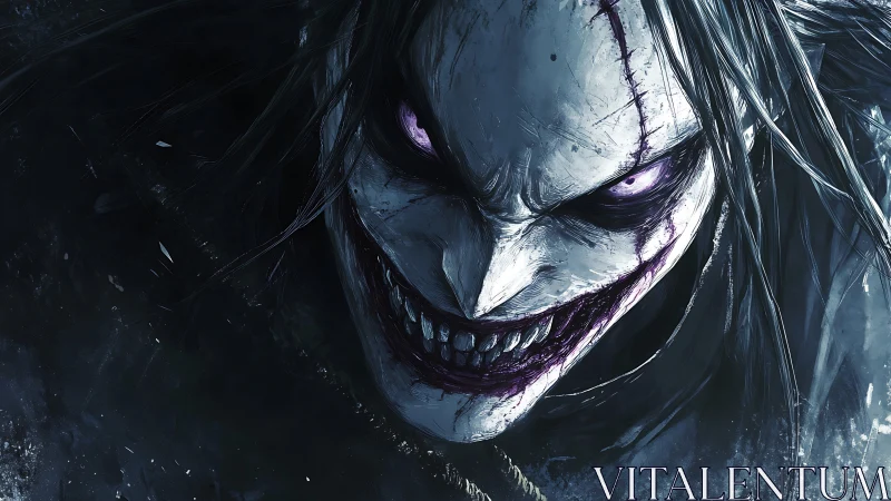 Sinister grinning figure with pale face and glowing eyes