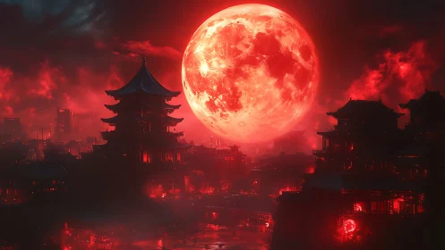 Crimson supermoon above neon-lit feudal Japanese cityscape