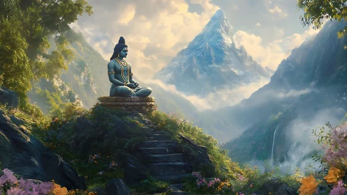 Mountain-breathing valley with meditating blue sage statue.