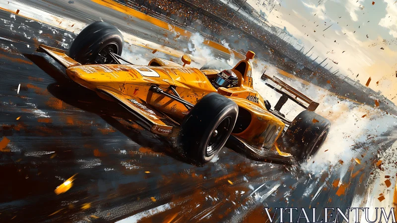 High-speed orange formula racer powers through smoky curve.