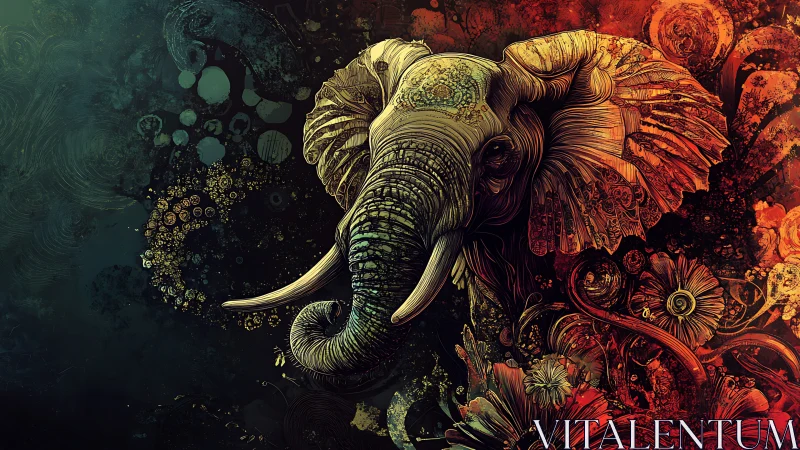 Ornate elephant portrait amid teal to ember florals.