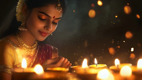 Elegant Indian woman celebrating Diwali with oil lamps, warm festive glow.