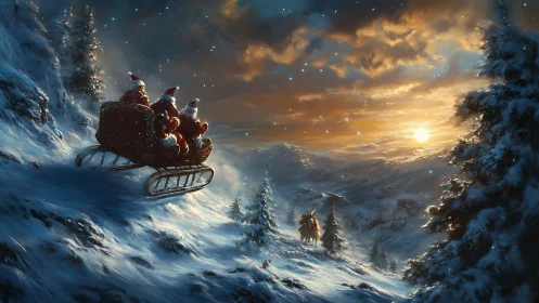 Three Santas race twilight across a glittering winter ridge