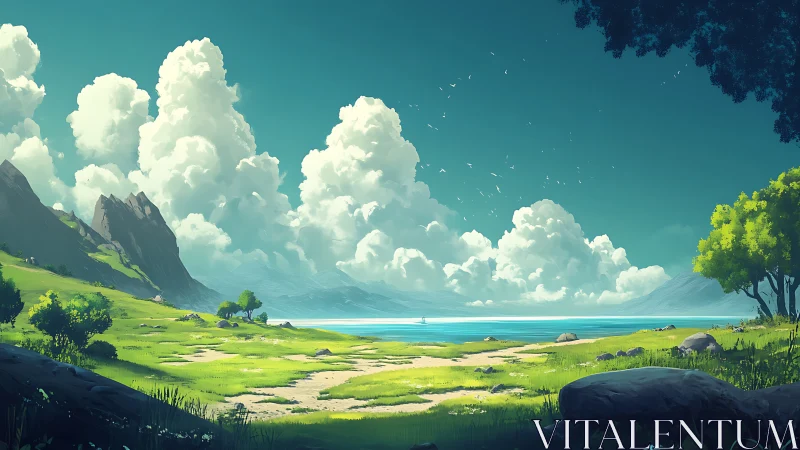 Coastal Valley Landscape with Mountains and Clouds