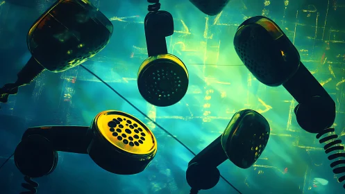 Retro telephone handsets suspended in vivid teal light.