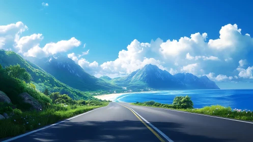 Coastal highway curves toward sunlit mountains and sea panorama.