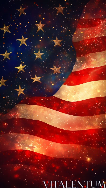 Radiant American flag glows with festive golden sparks