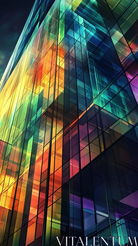 Prismatic glass skyscraper reflects vivid urban light spectrum