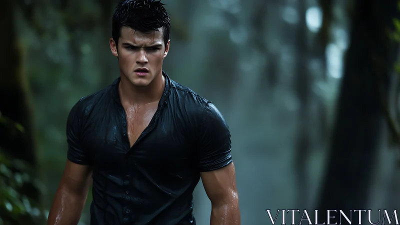 Intense male portrait in rain-soaked jungle environment.
