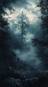 Nocturnal conifer forest ravine in cinematic lighting design.