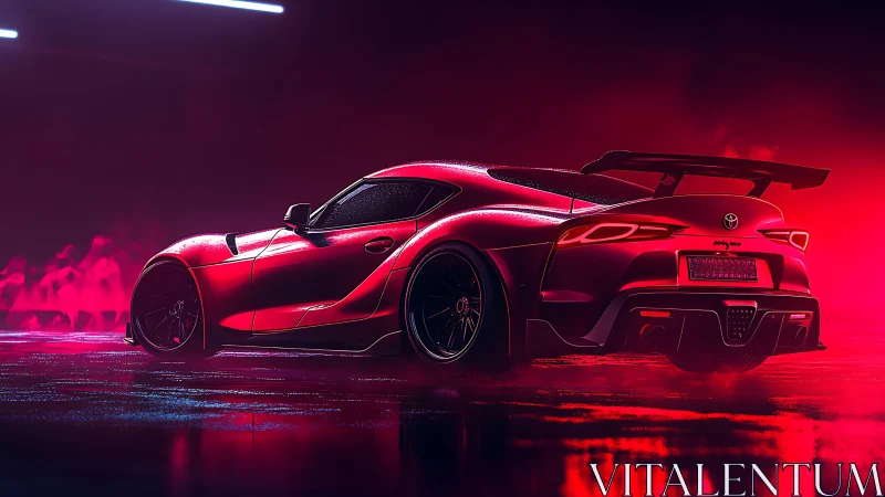 Neon-lit red sports coupe in cinematic rain-soaked nightscape.