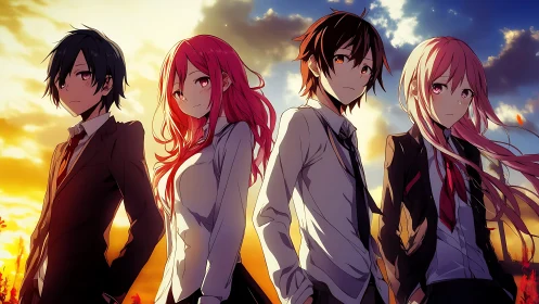 Sunset oath of four anime friends on the edge of tomorrow.