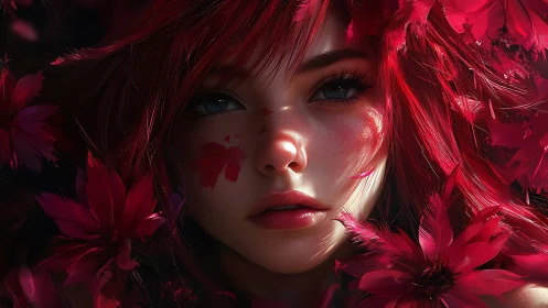 Crimson petals frame a quiet, softly glowing daydreamer.