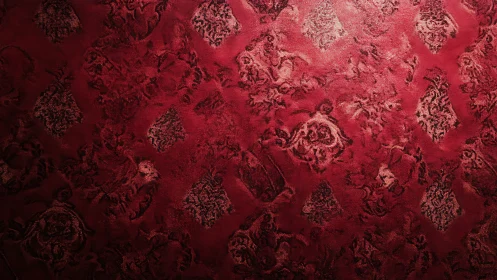 Crimson damask wallpaper reveals tactile baroque floral relief