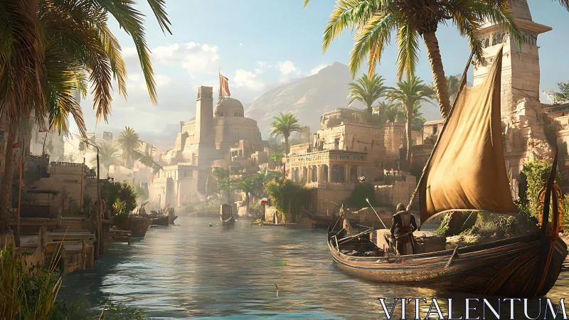 Sunlit ancient river port with sailboats and stone temples