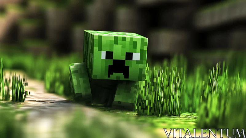 Blocky green creature crawling through pixelated grass.