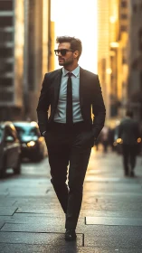 Photorealistic urban portrait of man in suit at golden hour.