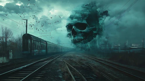 Giant spectral skull manifests over deserted railway tracks