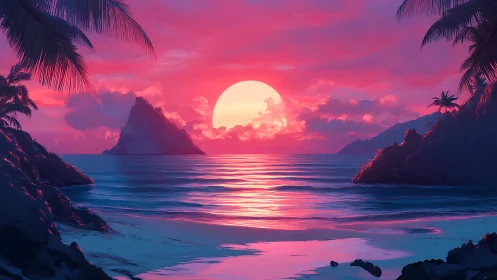 Neon sunset lagoon where cotton-candy clouds bathe softly.