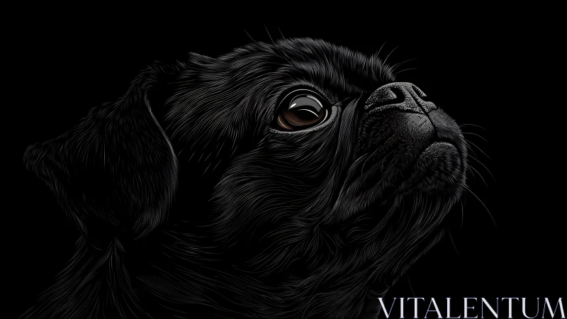 Black pug portrait on dark background in side profile view.
