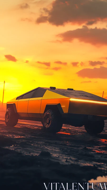 Angular electric truck crosses reflective mud under saturated sunset