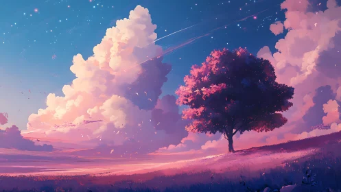 Celestial dusk tree glowing beneath cotton-candy cosmos.