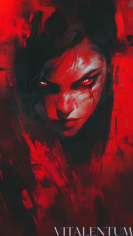 Digital painting portrait in red with intense central gaze.