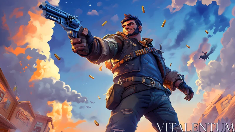 Ballistic outlaw in cinematic low-angle digital firefight.