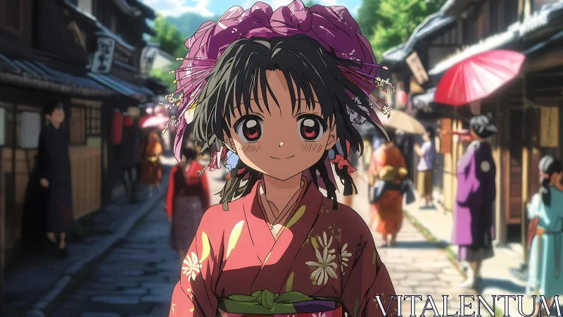 Smiling kimono girl walks sunny traditional Japanese street