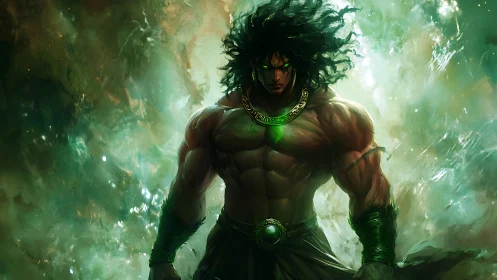 Emerald-eyed warrior emerges from swirling mystical storm.