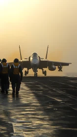 Carrier deck operations show jet taxiing toward crew at dawn