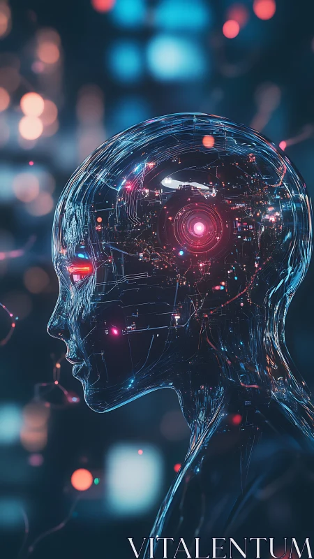 Translucent android profile reveals luminous neural core