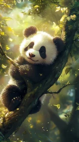 Sunlit panda dreamily hugs a forest branch like soft starlight