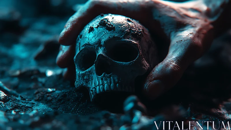 Moody human skull cradled by gentle hand in blue light.