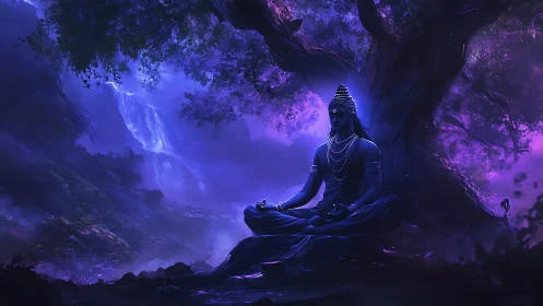 Seated figure meditates beneath large trees in violet forest