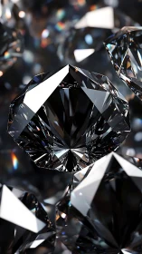 Photorealistic macro rendering of faceted black diamonds.