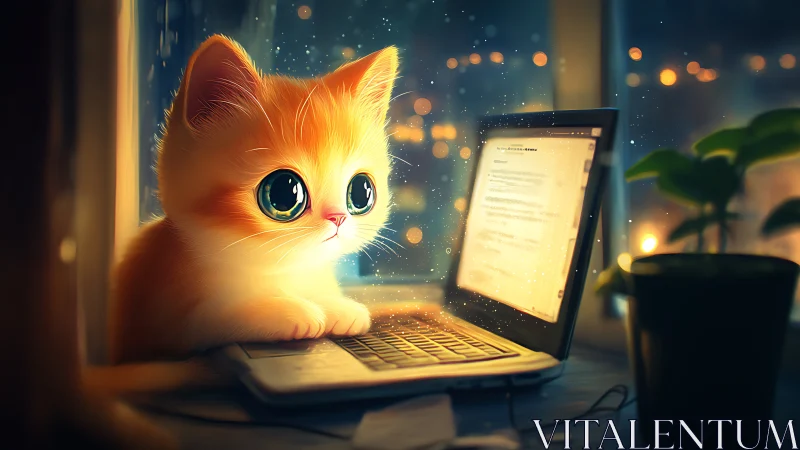 Adorable Orange Kitten Working Late at Night.