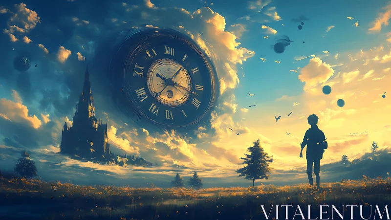 Boy wandering beneath a spinning sky clock of golden hours.