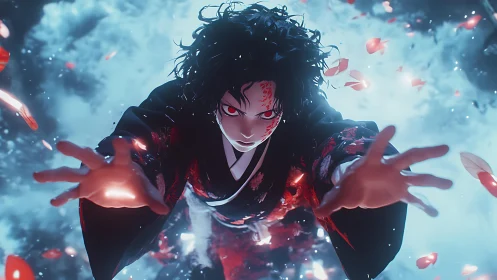 Red-eyed figure reaching forward amid blue mist and petals.