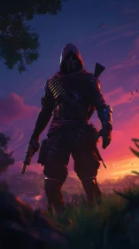 Digital painting of hooded gunslinger at dusk horizon line.