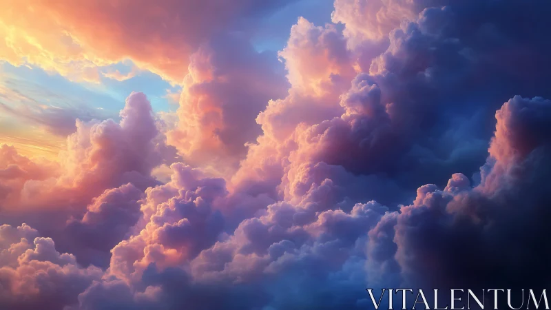 Layered cumulonimbus cloudscape under colored sunset sky.