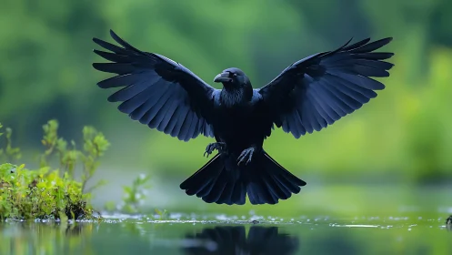 Majestic black raven in flight over water, nature photography style.