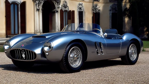 Vintage silver roadster parked before historic villa facade.