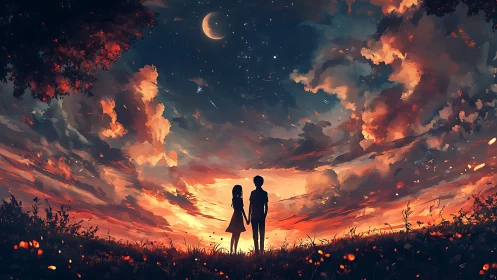 Silhouetted children under crescent moon at fiery twilight sky