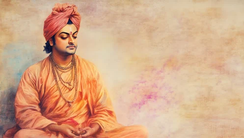 Gentle monk in saffron robes enjoys a quiet moment of peace