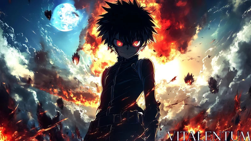 Backlit anime antihero stands amid explosive, high-contrast sky